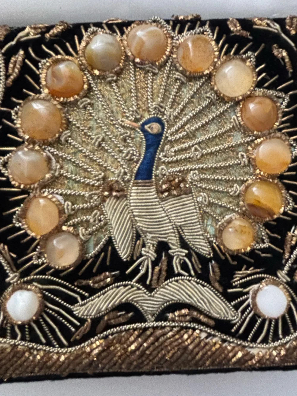 Embroidered Black Velvet Peacock Shoulder Bag/Clutch w/Accent Stones, VGUC